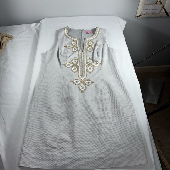 Lilly Pulitzer Mila Shift Dress 12 Seaside Grey Embroidered Cotton Resort - Picture 7 of 9